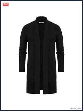 Mens Ribbed Open Front Knit Cardigan with Pockets Long Sleeve
